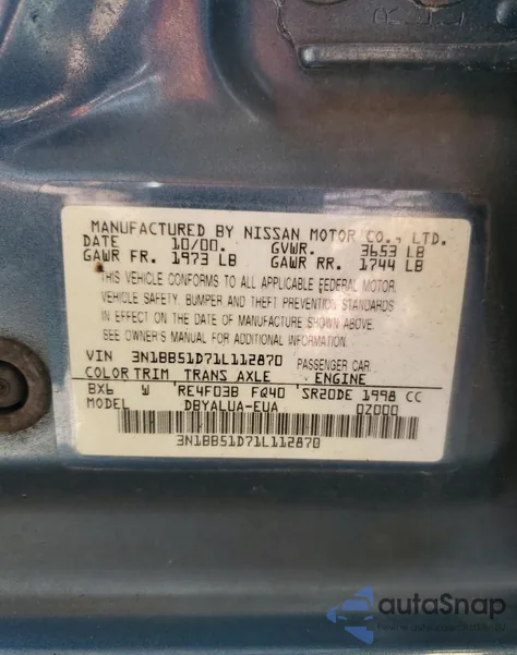 2001 Nissan Sentra Se z USA, uszkodzony, nr VIN 3N1BB51D71L112870